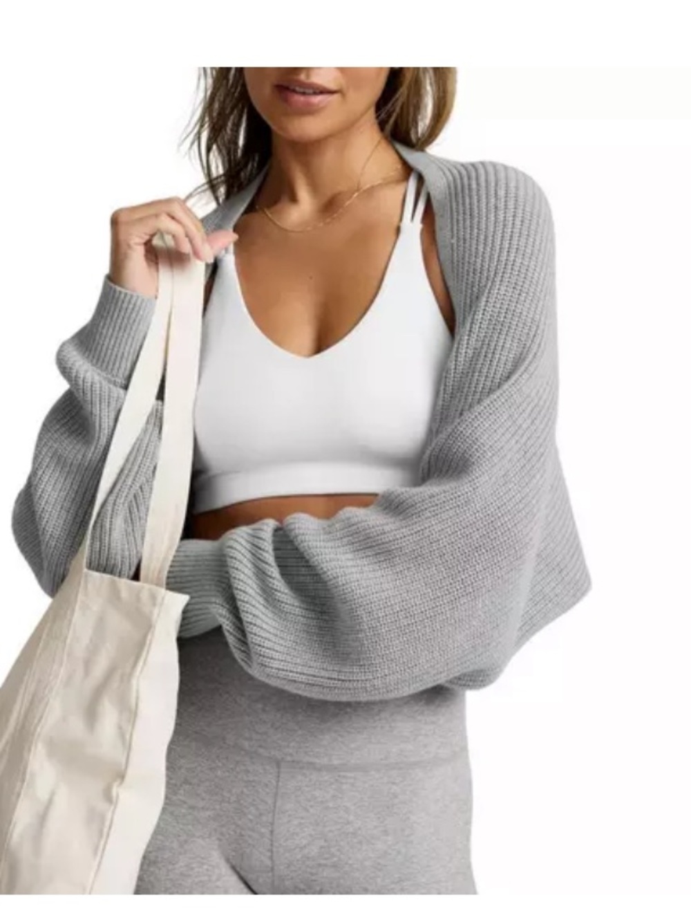 Beyond Yoga Cropped Open-Front Knit Shrug - Gray Heather